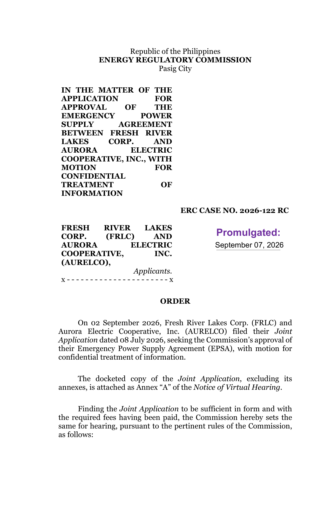 Order - ERC CASE NO. 2026-122 RC
